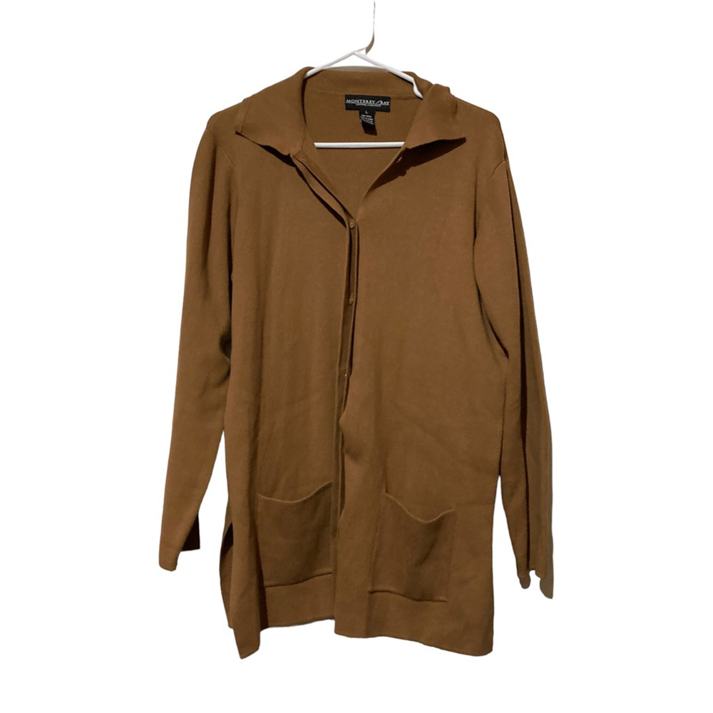 Monterey Bay Womens Cardigan Sweater Brown Long Sleeve Collar Pockets Cotton L